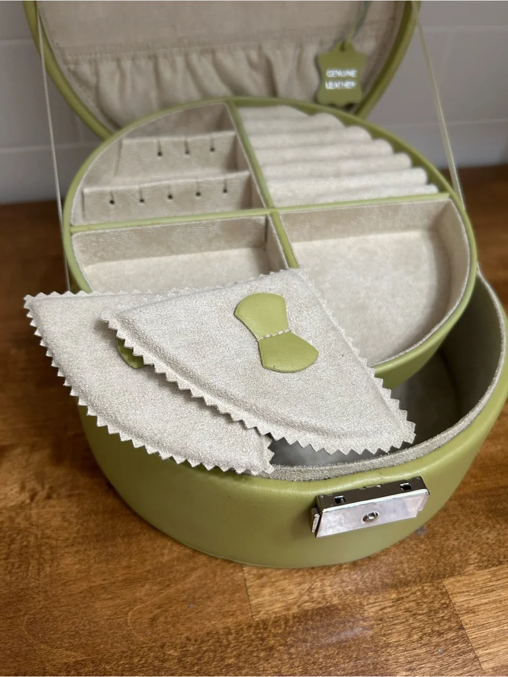 Leather Olive Green Round Jewelry Organizer Case with Mirror